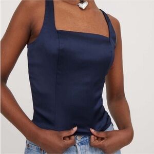 Abercrombie Black Satin Square neck tank top with corset look side zip Small